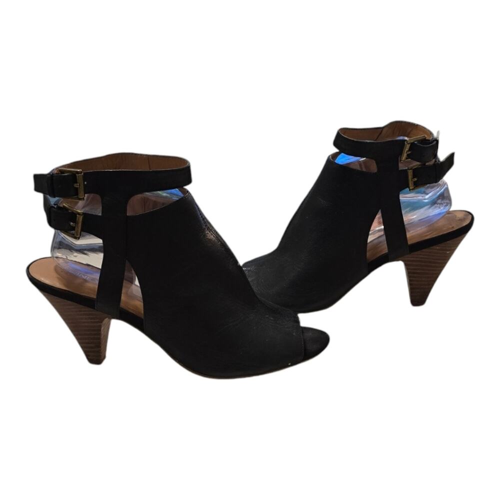 NINE‎ West Black Peeptoe Leather Strappy Ankle Heels Size 9
